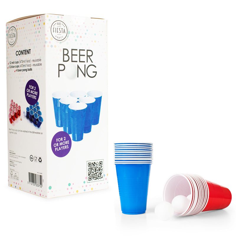 Beer pong spil, blå og røde kopper