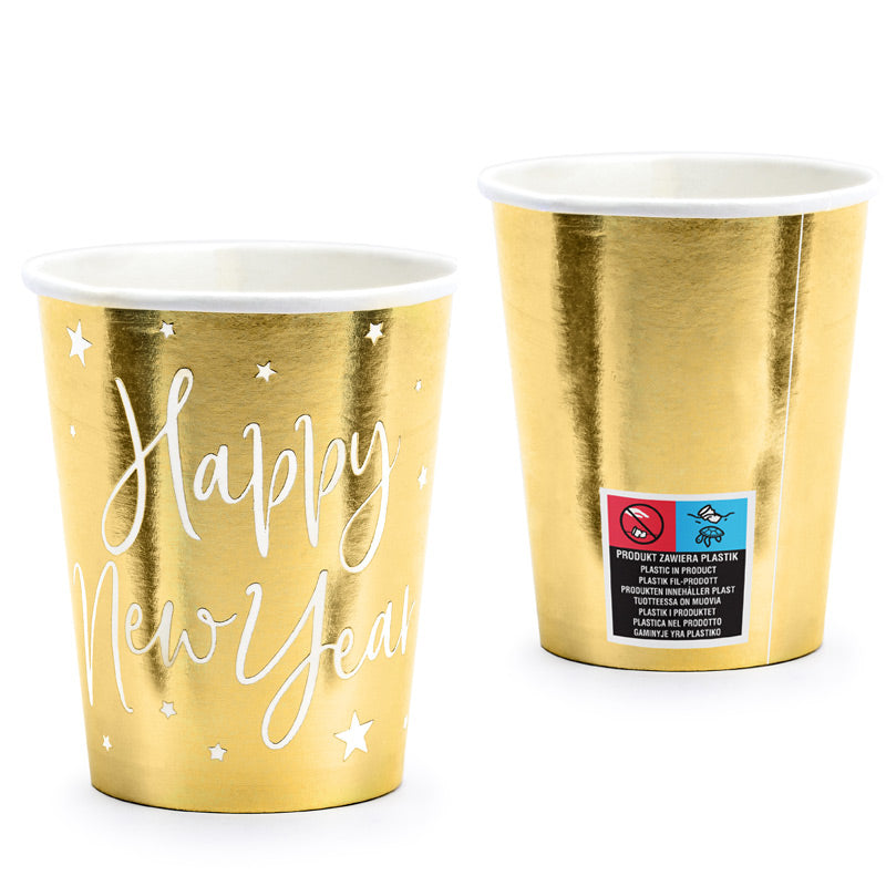 Guld "Happy new year" pap kop, 6 stk.