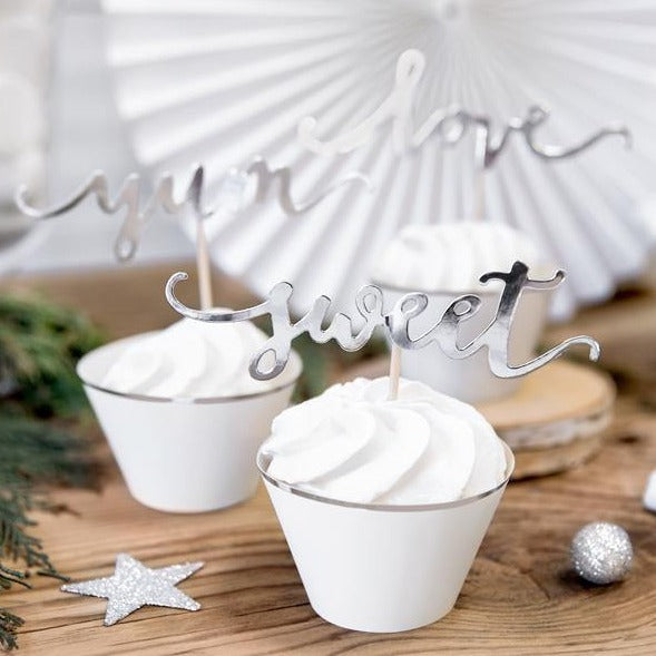 Kagetoppe i sølv - love, yum & sweet, 6stk