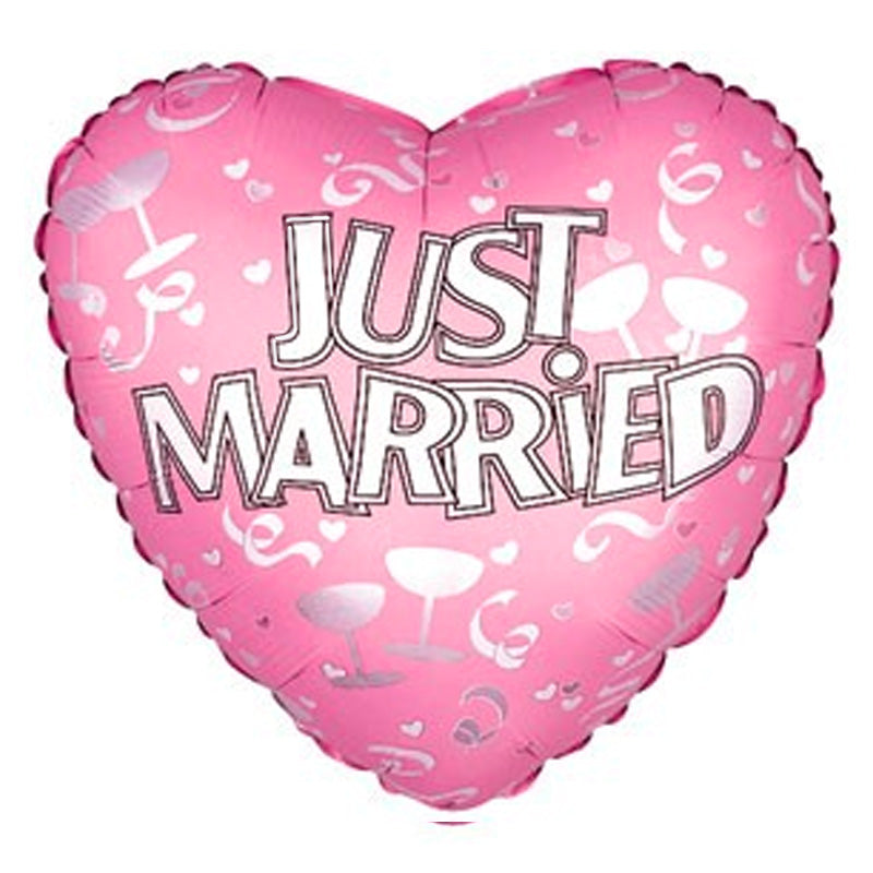 Lyserød “just married” folieballon, 45 cm.