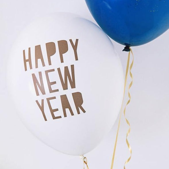 Happy New Year balloner i hvid med gylden skrift, 6stk