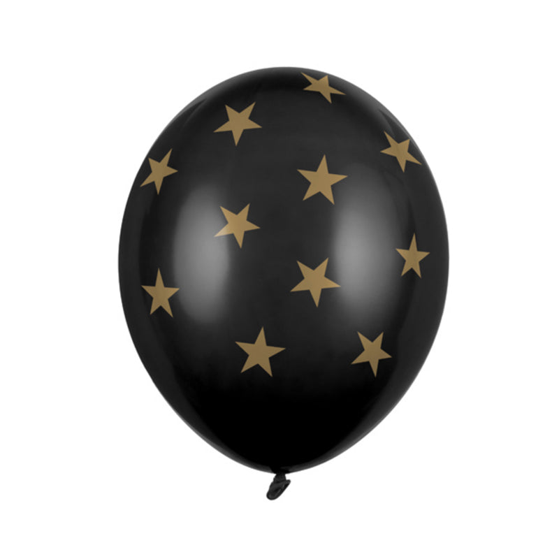 Sort latexballon m. guld stjerner 1 stk, 12"