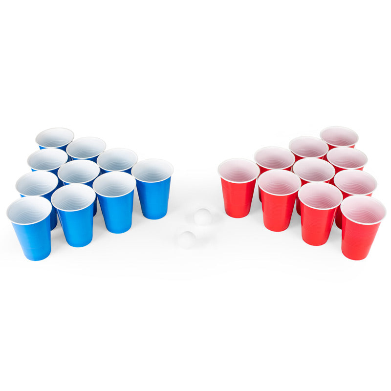 Beer pong spil, blå og røde kopper