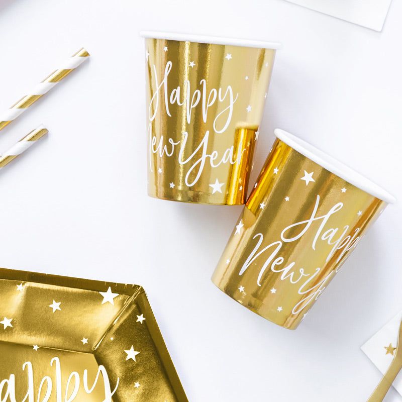 Guld "Happy new year" pap kop, 6 stk.