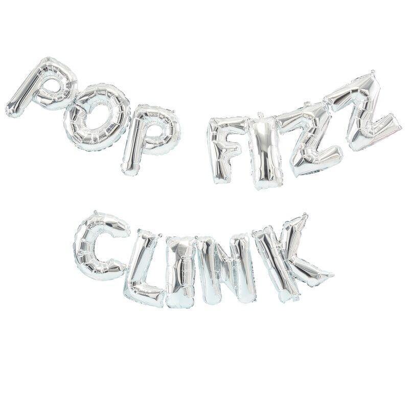 Ballon-guirlande i sølv "pop fizz clink"