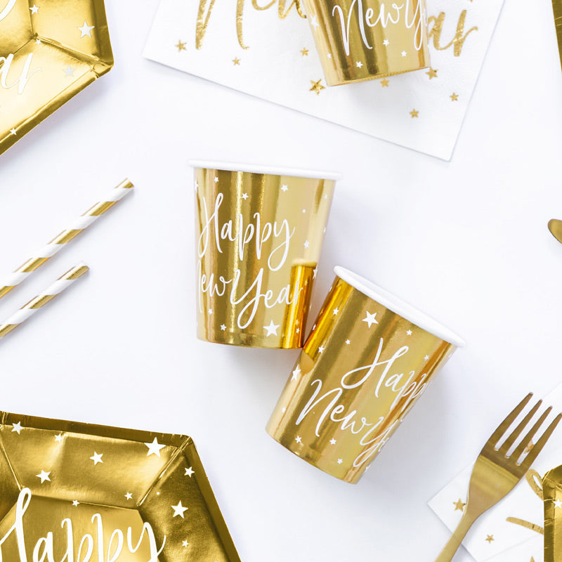 Guld "Happy new year" pap kop, 6 stk.