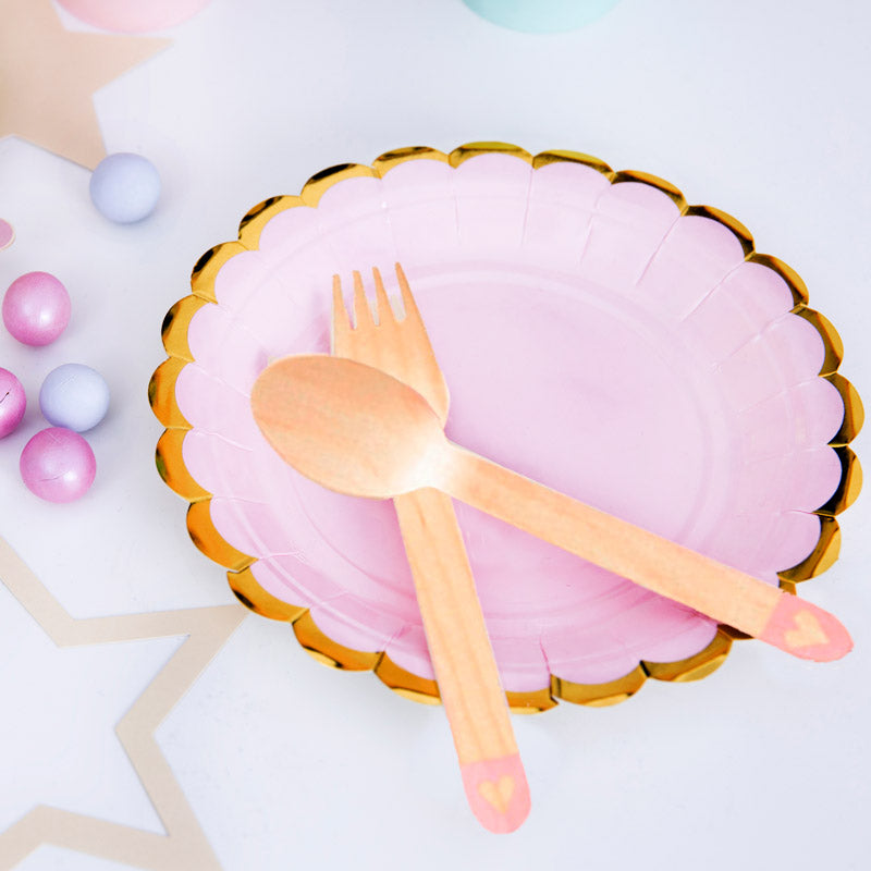 Lyserød paptallerken med guld kant, 6 stk.