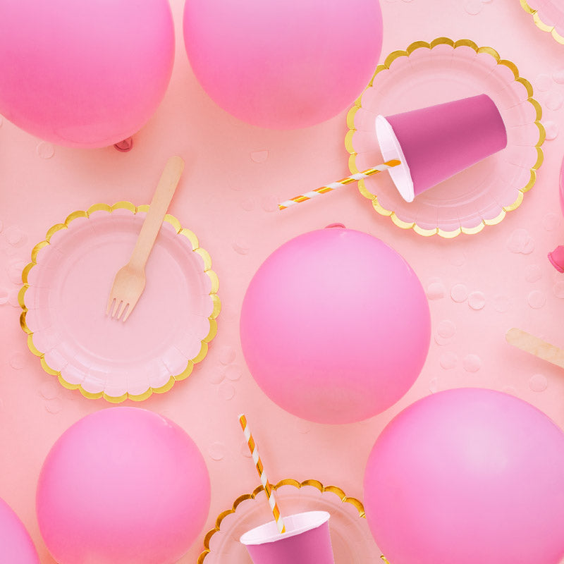 Lyserød paptallerken med guld kant, 6 stk.