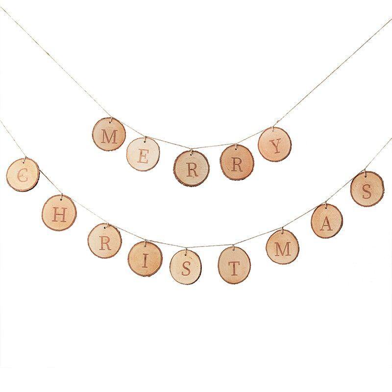 Guirlande "Merry Christmas" af træudsnit, 2 stk