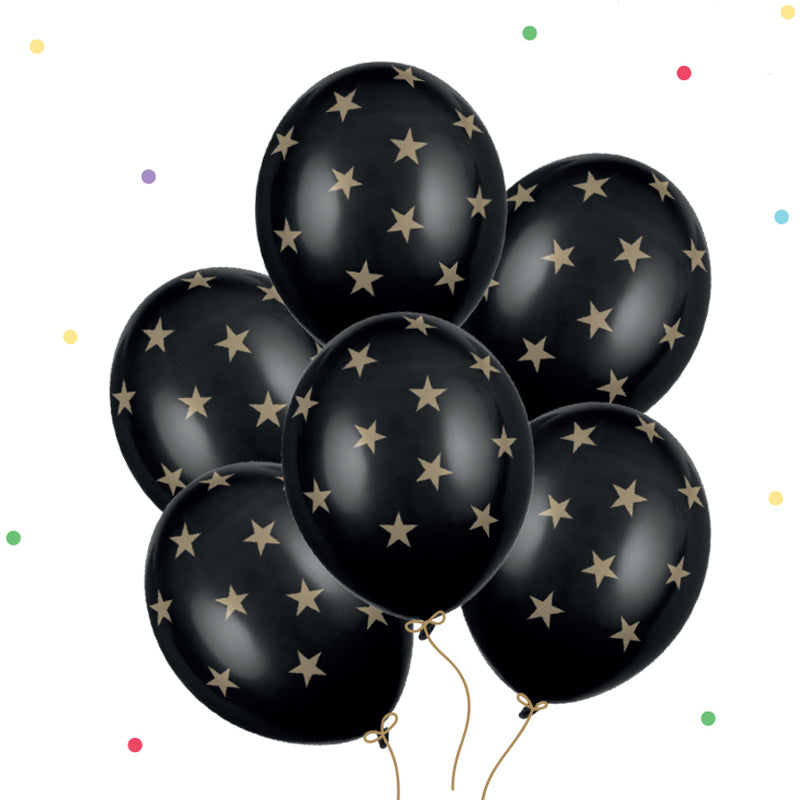 Sort latexballon m. guld stjerner 1 stk, 12"