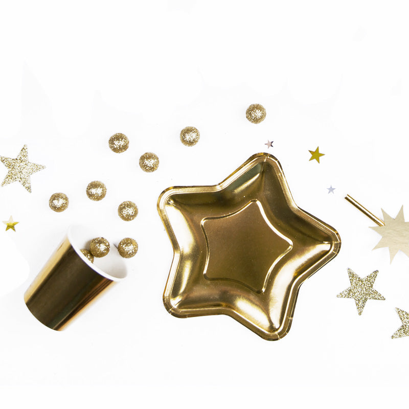 Guld Pap Tallerken 23 cm med guldkop og guldkugler med guldstjerner