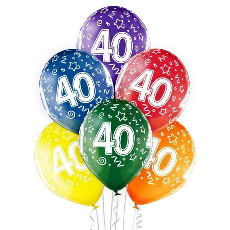 Farverige 40 års balloner - 6 stk.