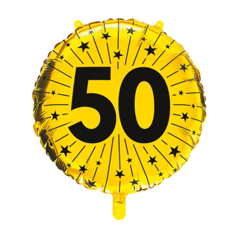 Guld "50" folieballon, 45 cm.