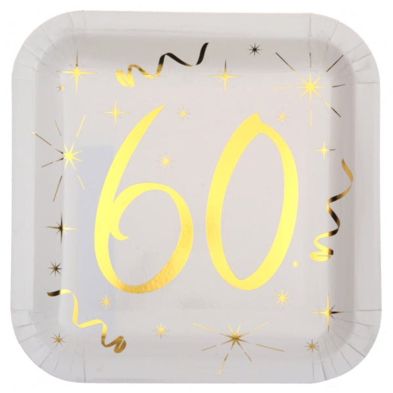 60 års paptallerken, hvid og guld, 10 stk.