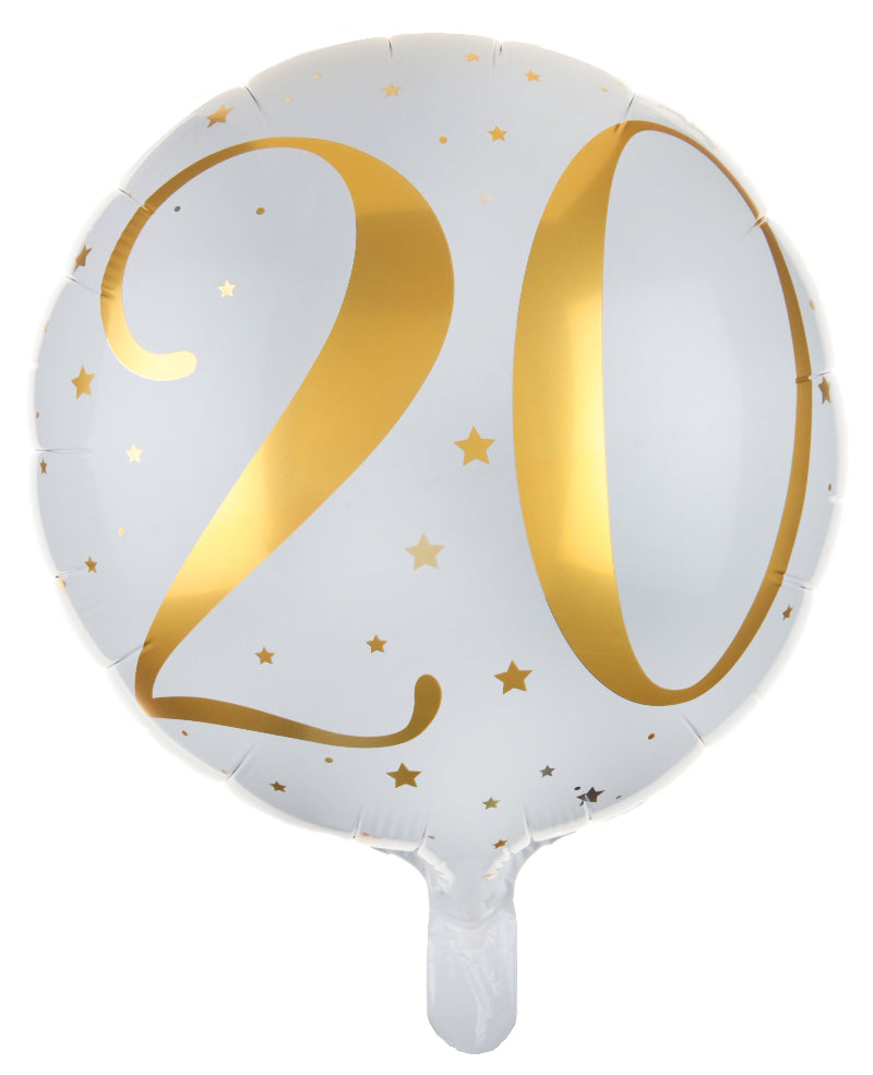 Hvid 20 års folieballon, 45 cm.
