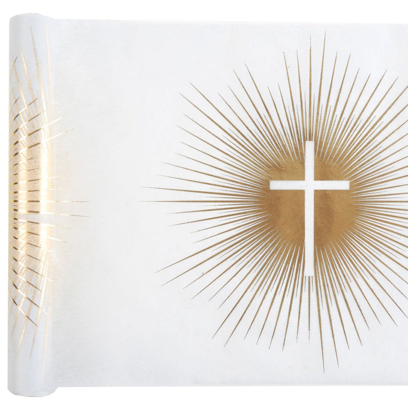 Hvid bordløber med kors, 30 cm x 5 m.