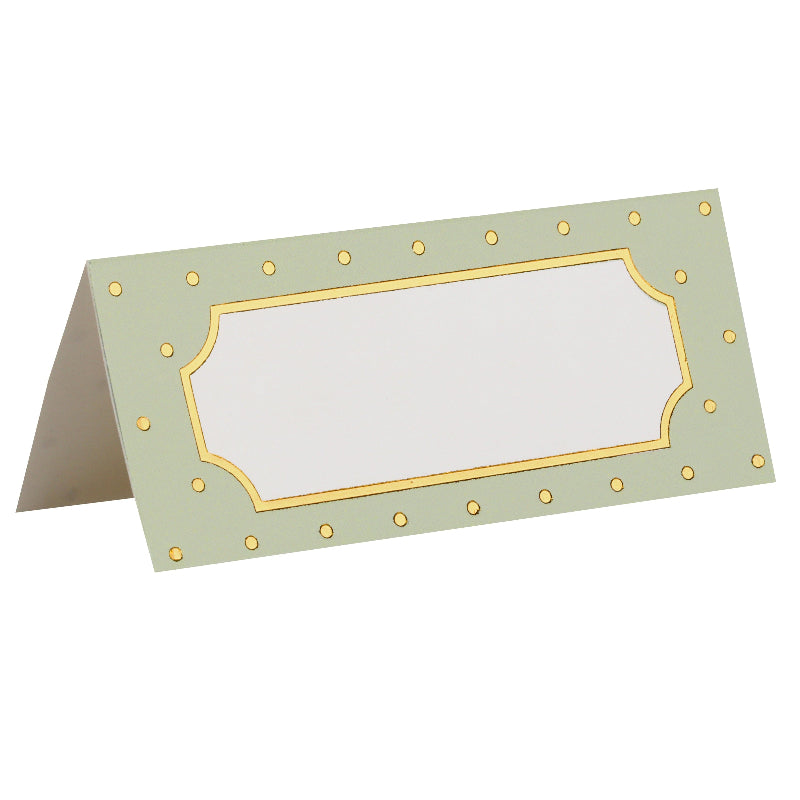 Grønne bordkort med guld prikker, 7x3 cm.