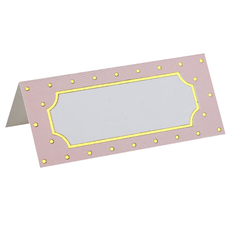 Lyserøde bordkort med guld prikker, 7x3 cm.