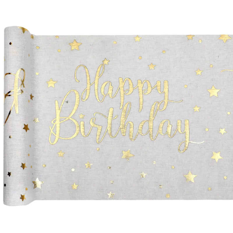 Hvid "Happy birthday" bordløber, 28 cm x 3 m.