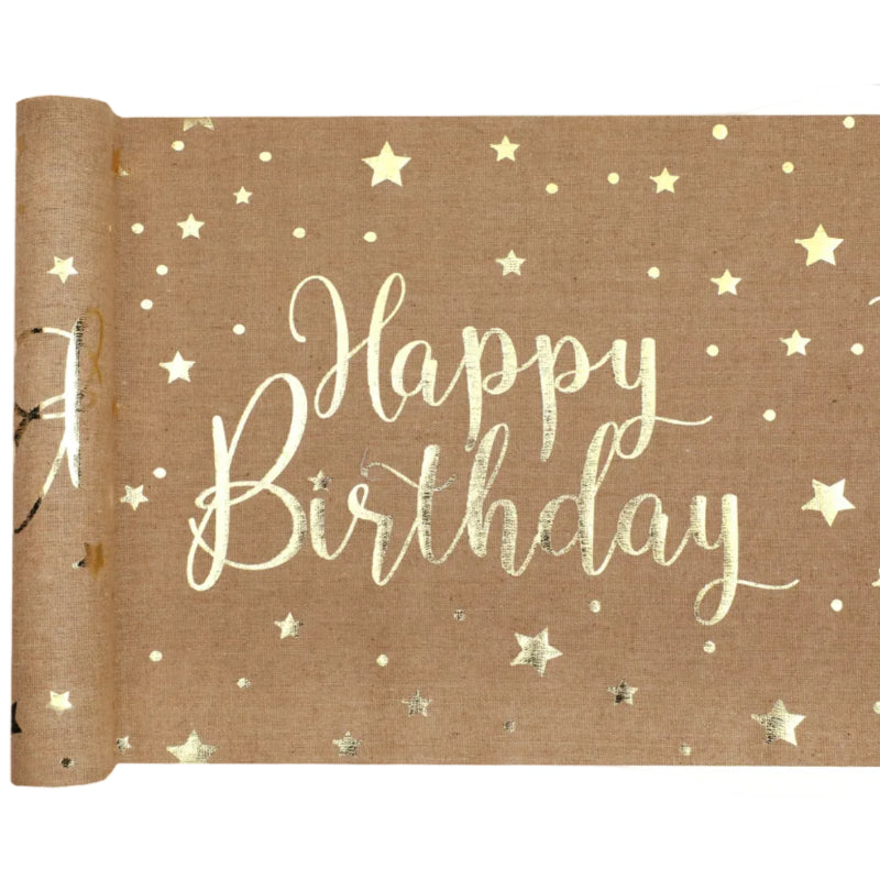 Brun "Happy birthday" bordløber, 28 cm x 3 m.