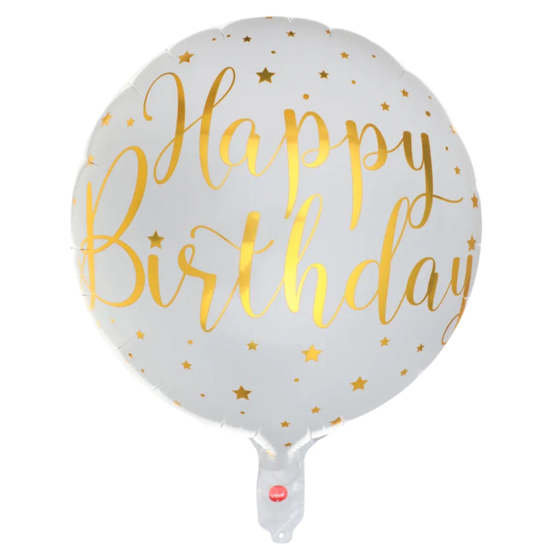 Hvid "happy birthday" folieballon, 45 cm.