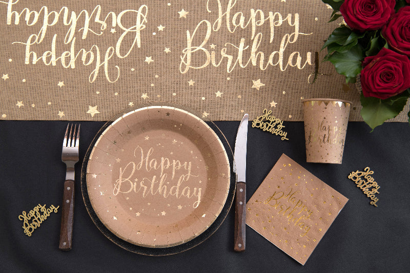 Rund brun "happy birthday" tallerken, 10 stk.
