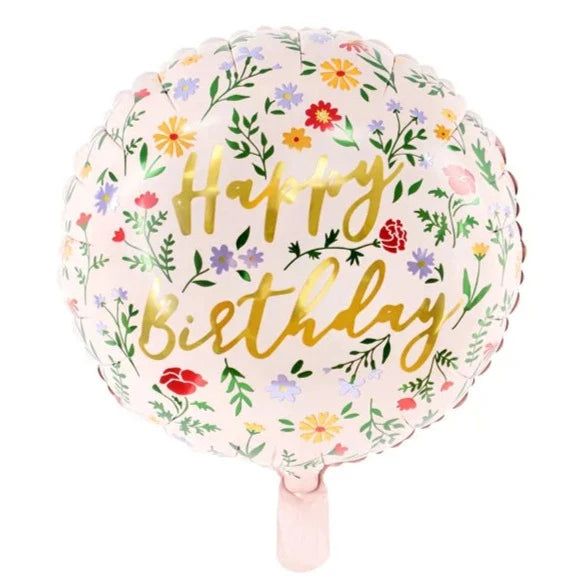 Lyserød "Happy birthday" folieballon, 45 cm.