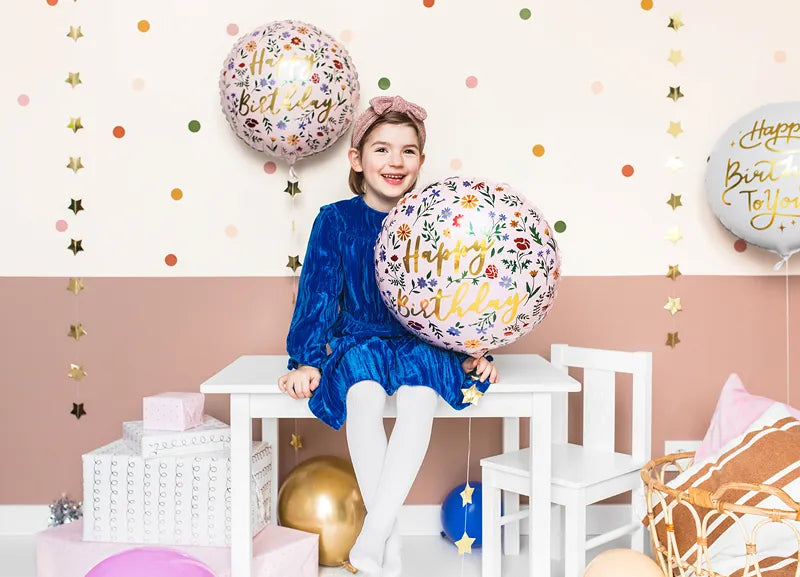 Lyserød "Happy birthday" folieballon, 45 cm.