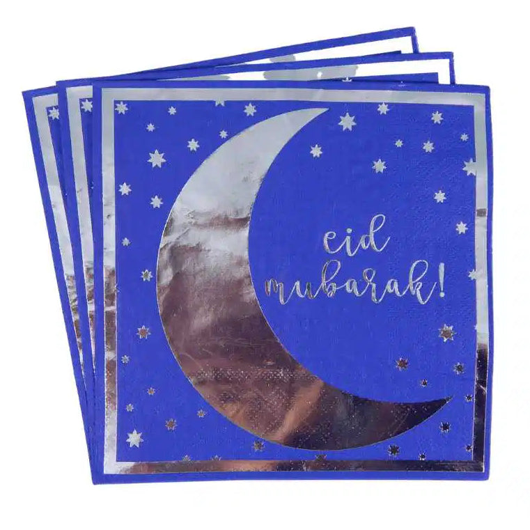 EID Mubarak, blå og sølv servietter, 20 stk.