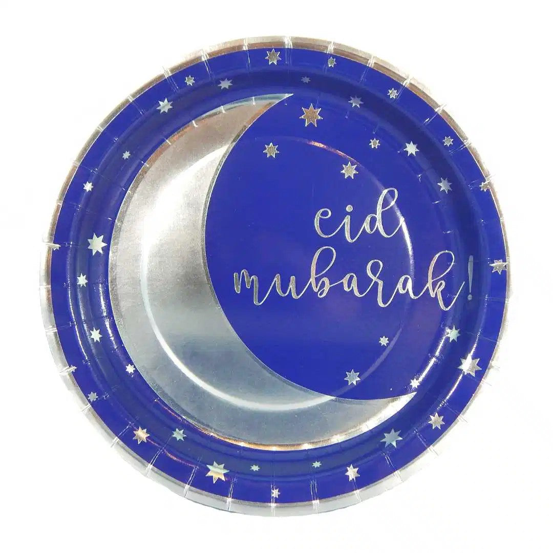 EID Mubarak blå og sølv tallerken, 10 stk.