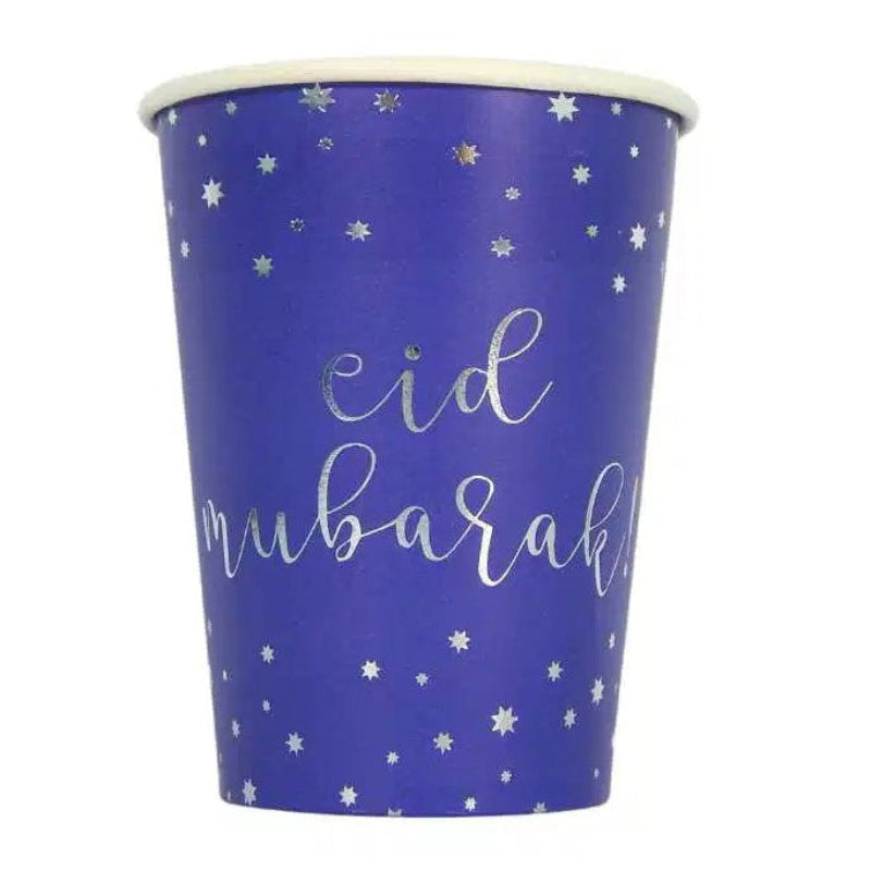 EID Mubarak, blå og sølv papkopper, 10 stk.