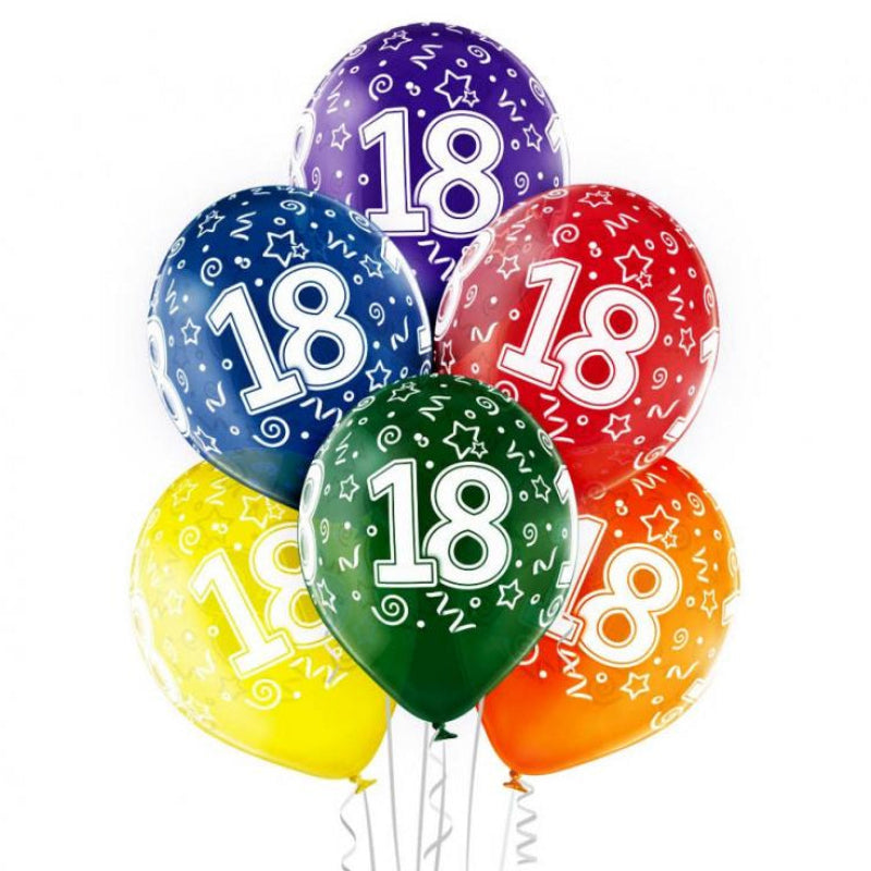 Farverige 18 års balloner - 6 stk.