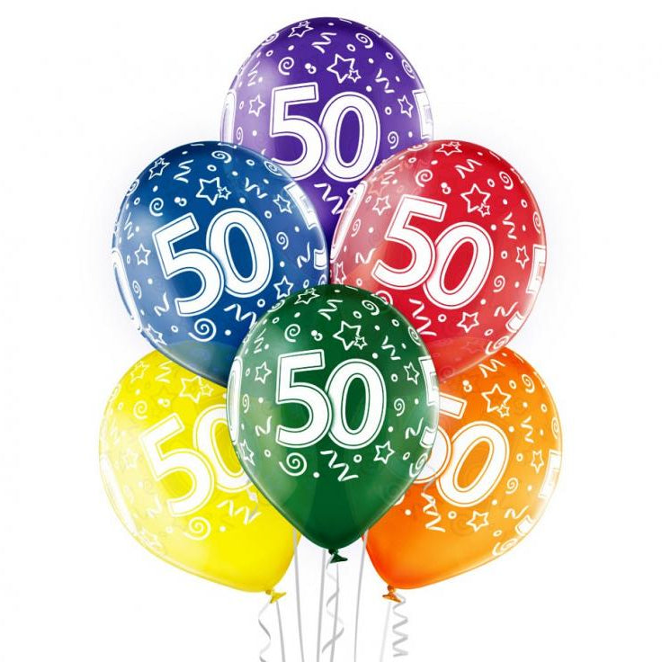 Farverige 50 års balloner - 6 stk.