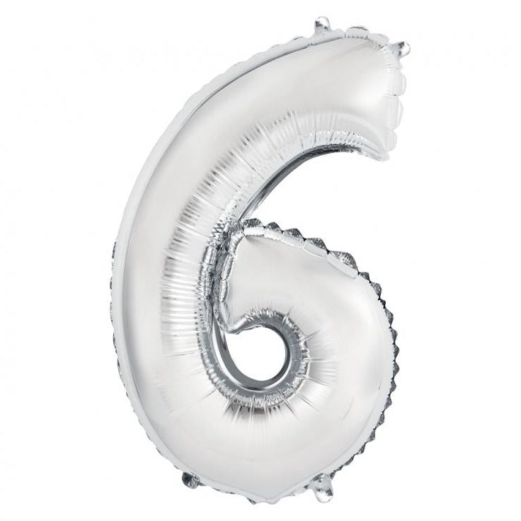Sølv folieballon 6-tal, 35 cm.