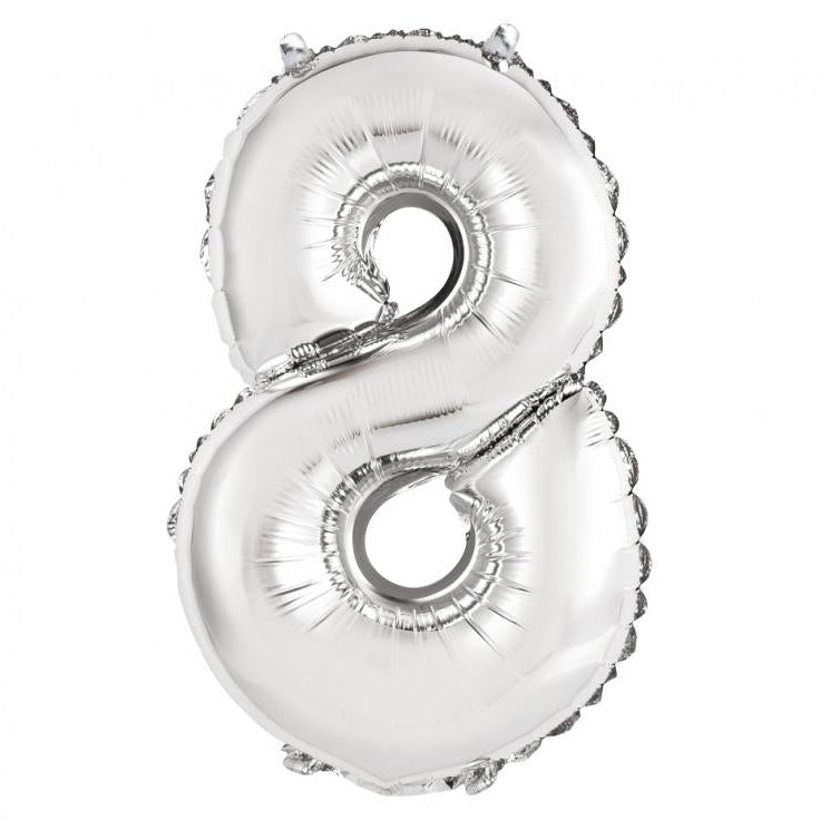 Sølv folieballon 8-tal, 35 cm.