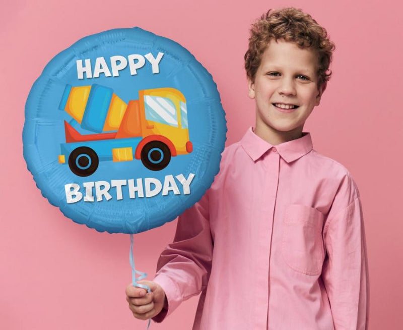 Rund blå "Happy birthday", byggeplads folieballon, 45 cm.