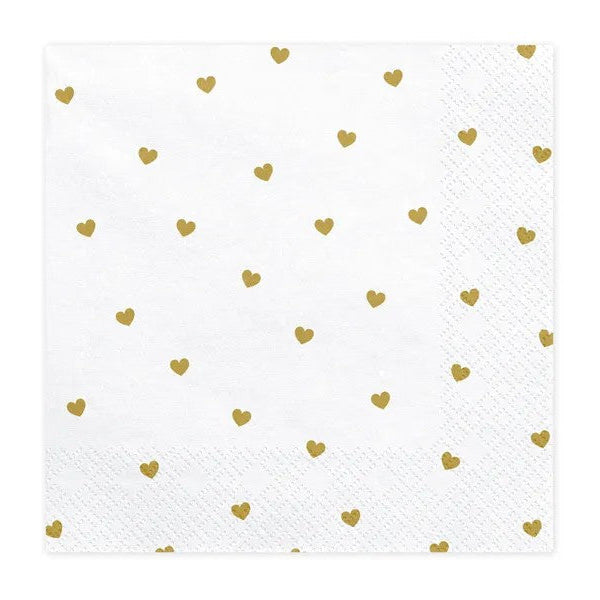Hvide servietter med guld hjerter, 20 stk.