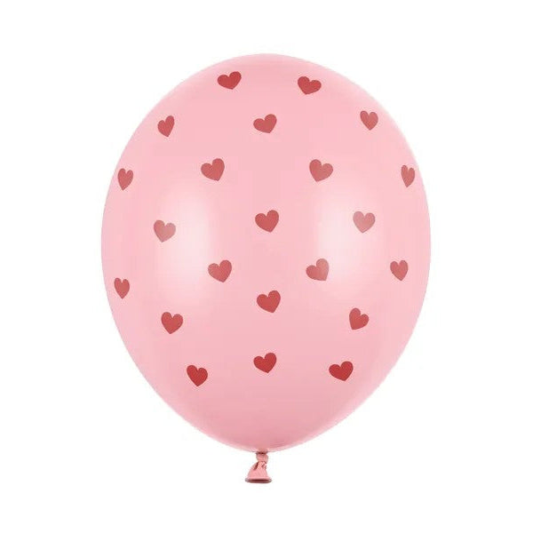 Lyserød latexballon med hjerter, 30 cm, 6 stk.