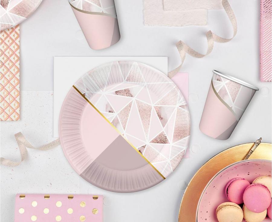 Lyserød mønstret paptallerkener, 18 cm, 6 stk.