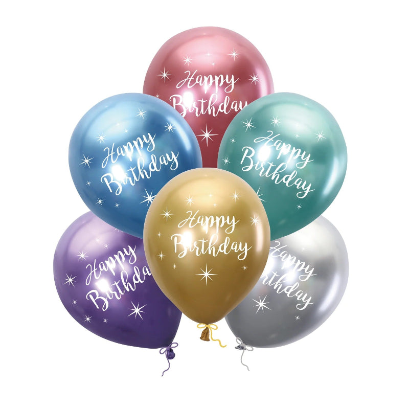 Metallic happy birthday latex ballon, 6 stk.