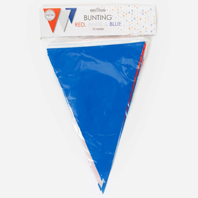 Blå, rød og hvid plast vimpel, 10 m.