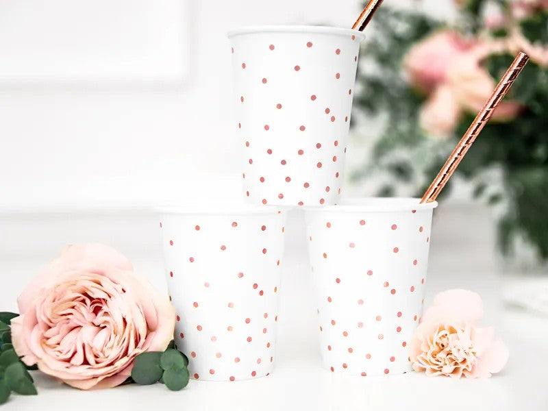 Hvid papkop med rose gold prikker, 260 ml, 6 stk.
