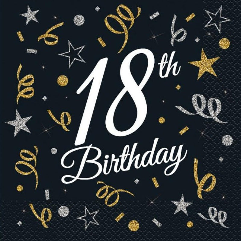 Sort "18th birthday" servietter, 20 stk.