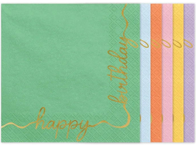 Farverige "Happy birthday" servietter, 12 stk.