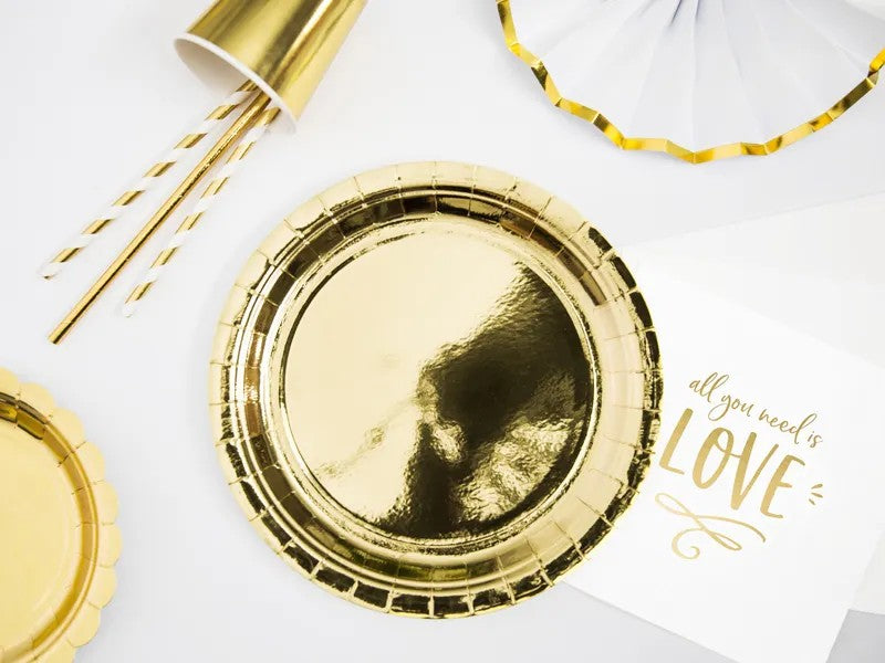 Guld paptallerken, 23 cm, 6 stk.