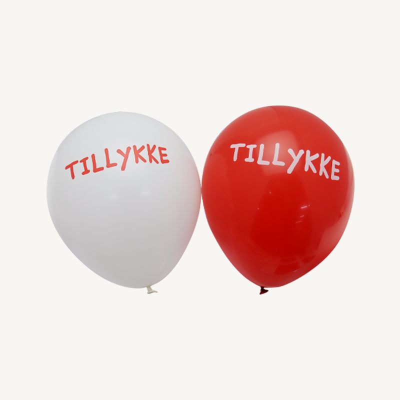 Røde/hvide "Tillykke" latexballon, 6 stk.