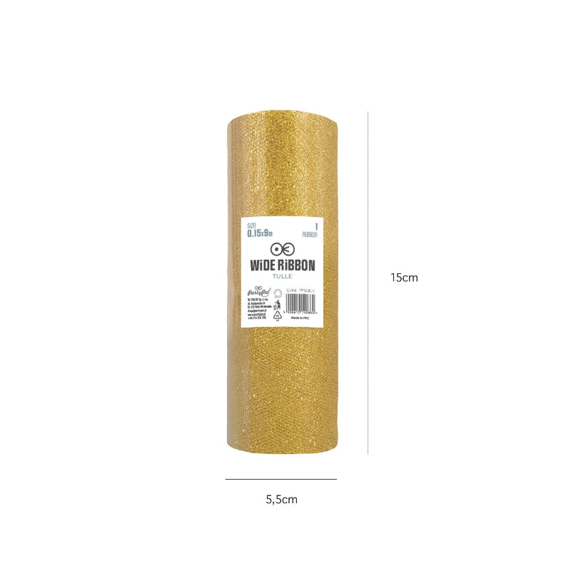 Guld glimmer tyl, 15 cm x 9 m.