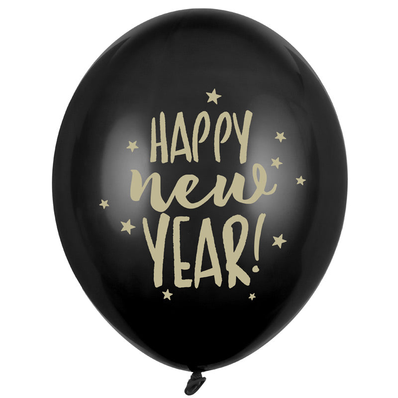 Happy New Year balloner med guld skrift 6 stk