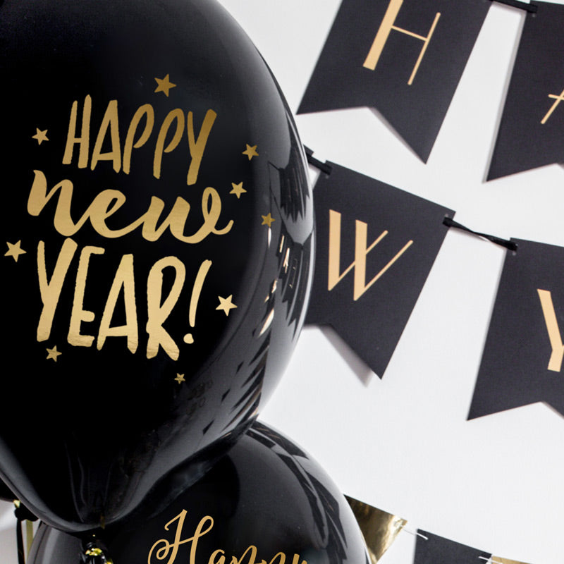 Happy New Year balloner med guld skrift 6 stk