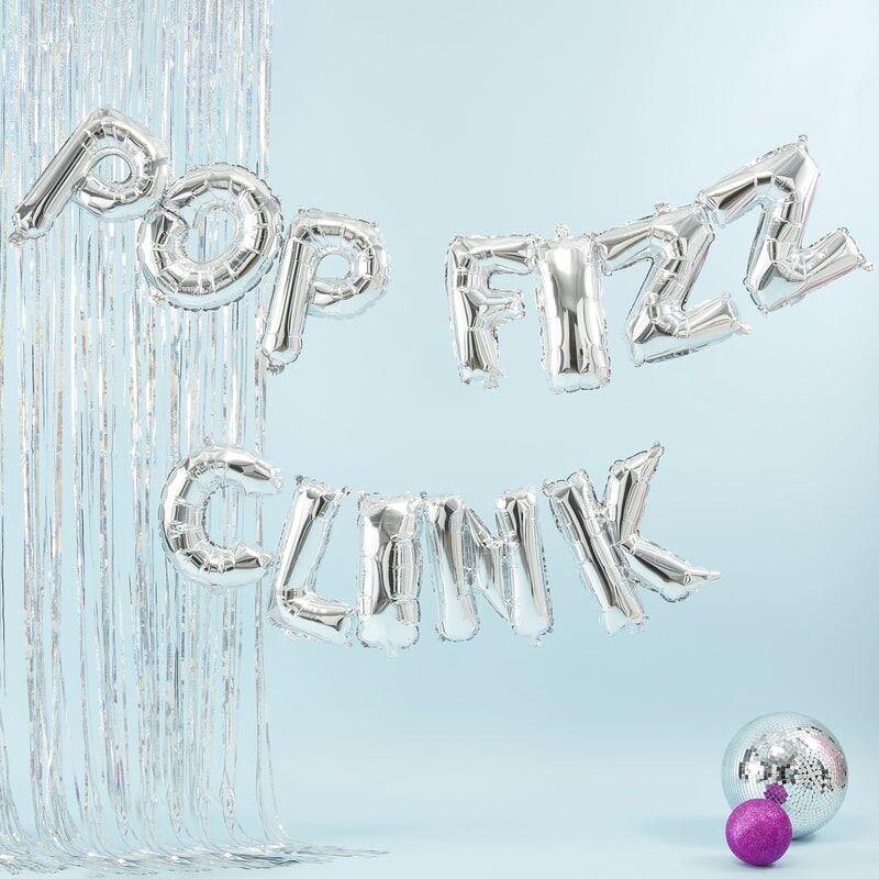 Ballon-guirlande i sølv "pop fizz clink" 